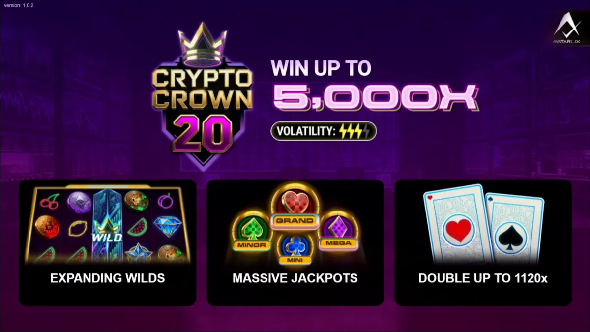 Interface do slot Crypto Crown 20 com símbolos de criptomoedas e luzes neon