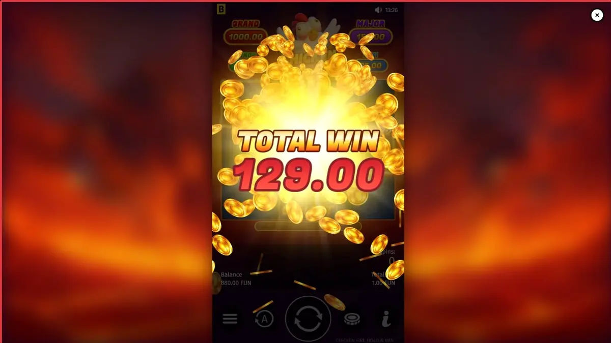 Interface vibrante do slot Chicken Fire com símbolos de frutas e elementos temáticos de fazenda em chamas.