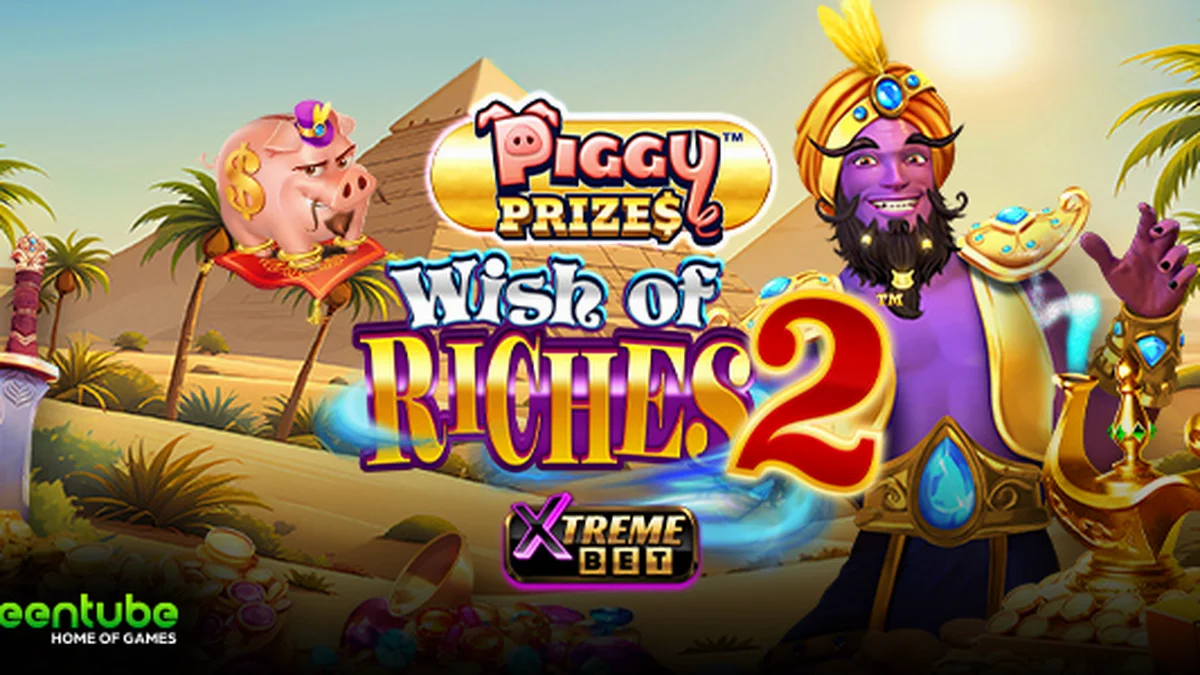 Interface visual vibrante do jogo Piggy Prizes Wish of Riches 2 com elementos mágicos e moedas douradas.