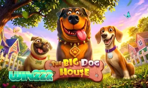 Interface do jogo de slot The Big Dog House com símbolos de cães e casas de cachorro